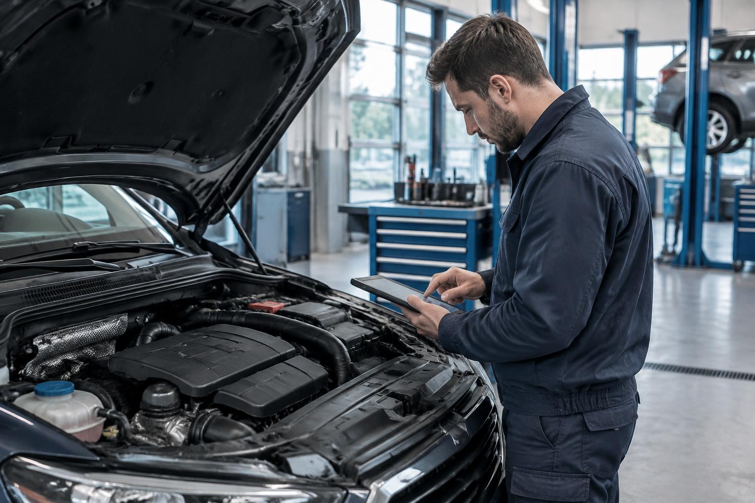 Technician using a diagnostic tablet beside an open engine bay